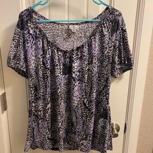 Worthington Stretch L Top Large Blouse Lg Shirt Feather Pattern